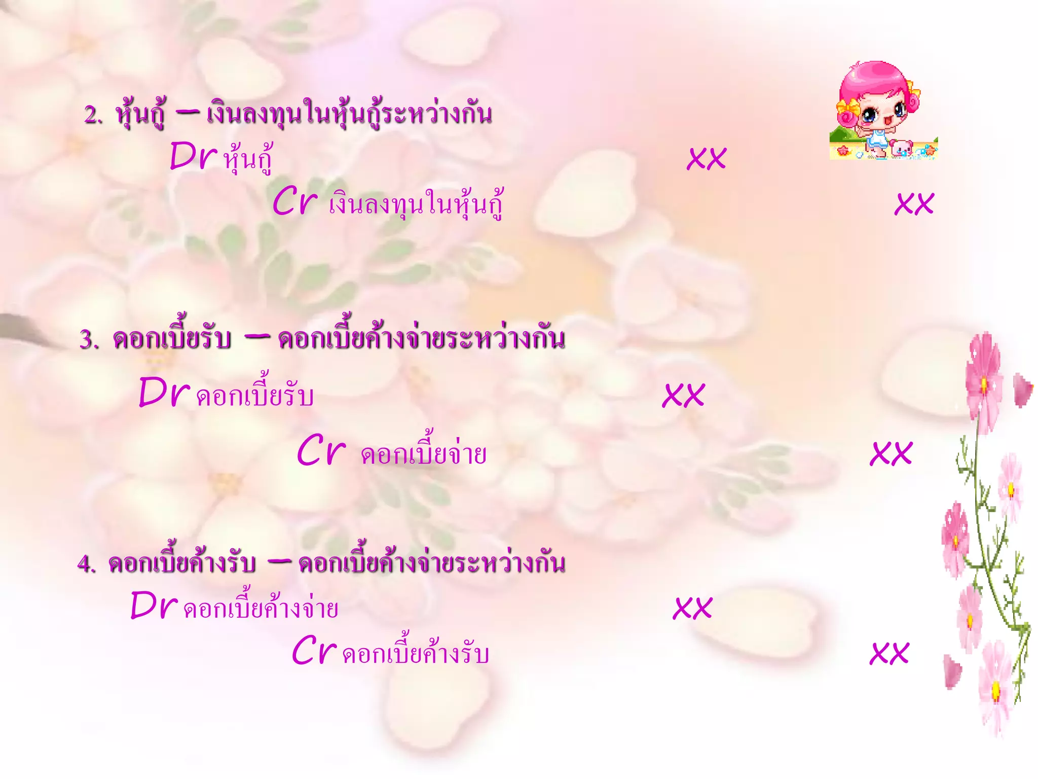 2. หุ้นกู้ – เงินลงทุนในหุนกูระหว่างกัน
                          ้ ้
          Dr หุ้นกู้                               xx
                   Cr เงินลงทุนในหุ้นกู้                 xx


3. ดอกเบี้ยรับ – ดอกเบี้ยค้างจ่ายระหว่างกัน
    Dr ดอกเบี้ยรับ                                xx
                  Cr ดอกเบี้ยจ่าย                       xx

4. ดอกเบี้ยค้างรับ – ดอกเบี้ยค้างจ่ายระหว่างกัน
    Dr ดอกเบี้ยค้างจ่าย                           xx
                    Cr ดอกเบี้ยค้างรับ                  xx
 