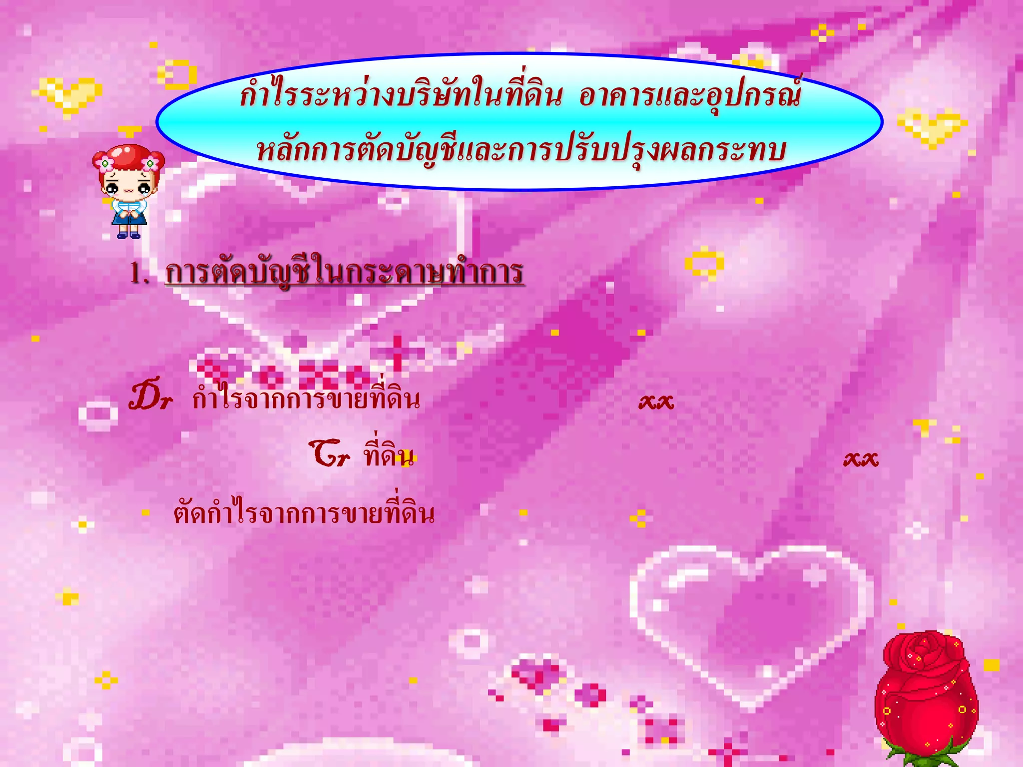 กาไรระหว่ างบริ ษทในที่ดิน อาคารและอุปกรณ์
                         ั
         หลักการตัดบัญชี และการปรั บปรุงผลกระทบ

1. การตัดบัญชีในกระดาษทาการ

Dr กาไรจากการขายที่ดิน               xx
            Cr ที่ดิน                                xx
  ตัดกาไรจากการขายที่ดิน
 