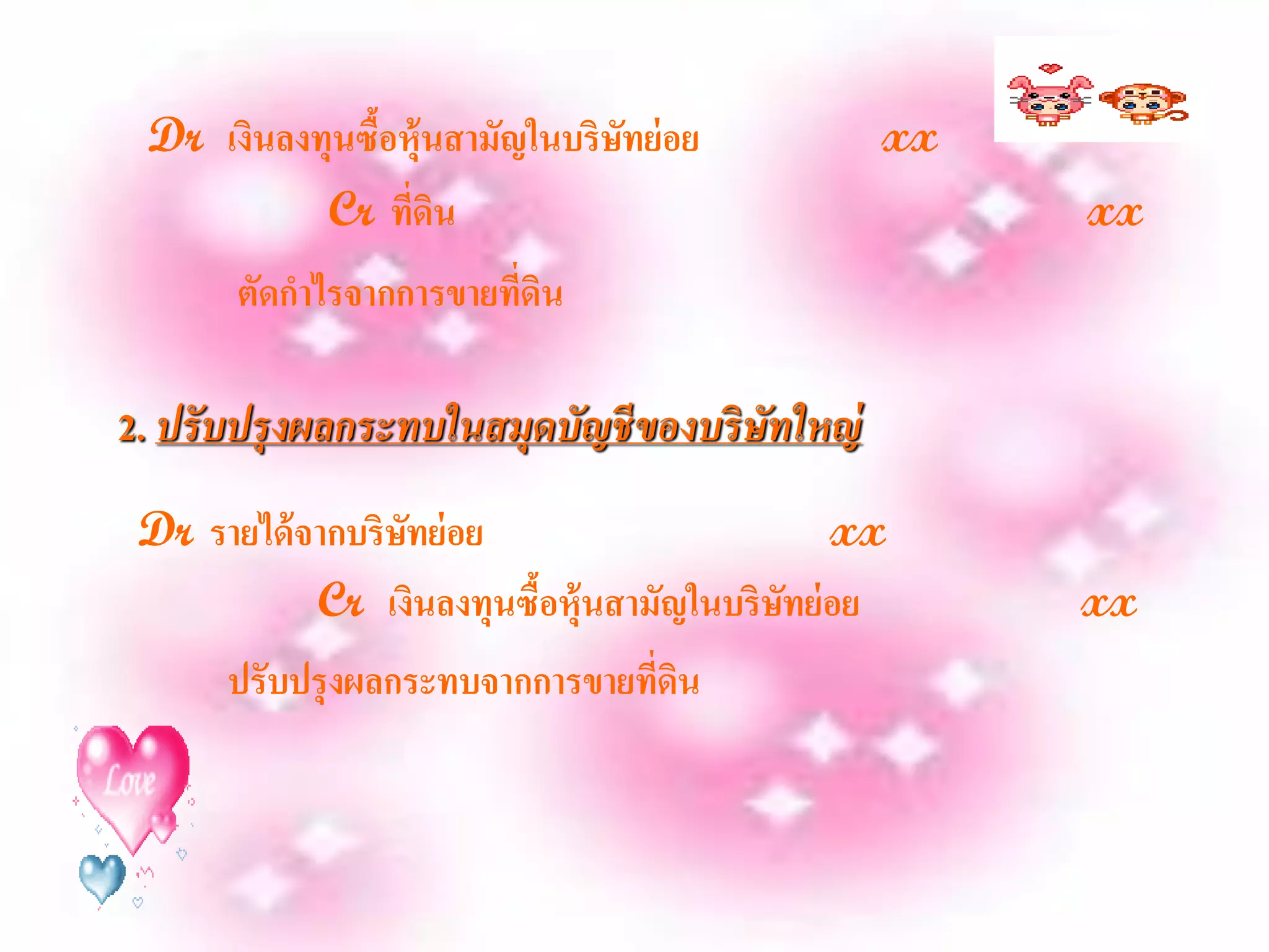 Dr เงินลงทุนซื้อหุ้นสามัญในบริษทย่ อย
                                ั               xx
           Cr ที่ดิน                                 xx
       ตัดกาไรจากการขายที่ดิน

2. ปรั บปรุงผลกระทบในสมุดบัญชี ของบริ ษทใหญ่
                                       ั
 Dr รายได้ จากบริษทย่ อย
                  ั                            xx
            Cr เงินลงทุนซื้อหุ้นสามัญในบริษทย่ อย
                                           ั         xx
      ปรับปรุ งผลกระทบจากการขายที่ดิน
 