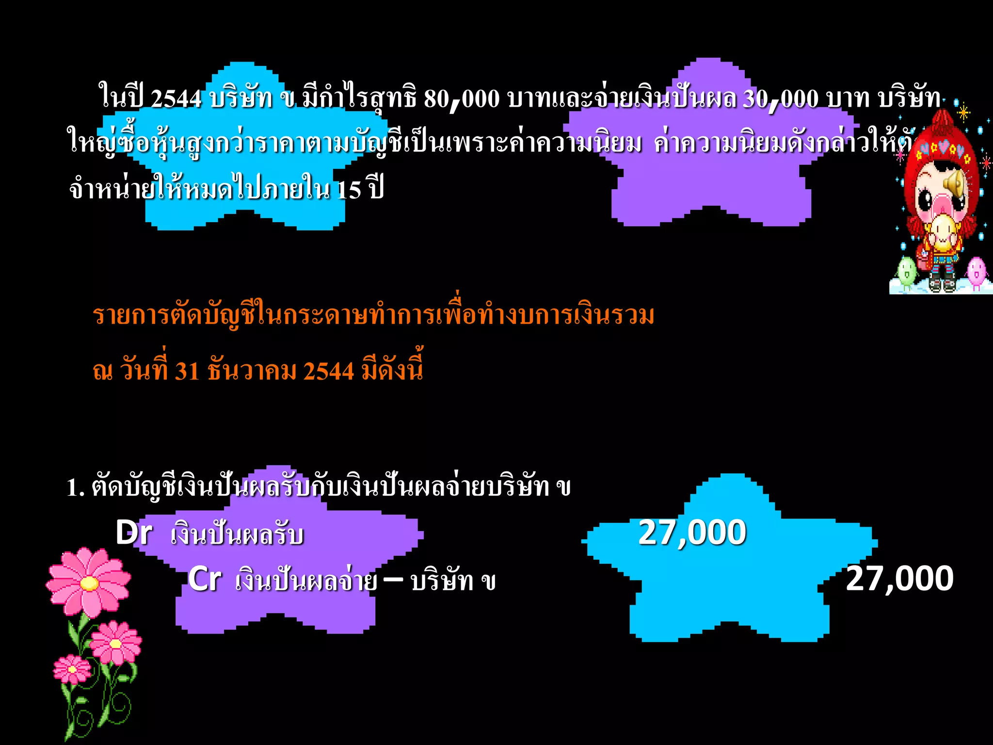 ในปี 2544 บริษท ข มีกาไรสุ ทธิ 80,000 บาทและจ่ ายเงินปันผล 30,000 บาท บริษท
                     ั                                                              ั
ใหญ่ ซื้อหุ้นสู งกว่าราคาตามบัญชีเป็ นเพราะค่ าความนิยม ค่ าความนิยมดังกล่ าวให้ ตัด
จาหน่ ายให้ หมดไปภายใน 15 ปี


  รายการตัดบัญชีในกระดาษทาการเพื่อทางบการเงินรวม
  ณ วันที่ 31 ธันวาคม 2544 มีดังนี้

1. ตัดบัญชีเงินปันผลรับกับเงินปันผลจ่ ายบริษท ข
                                            ั
     Dr เงินปันผลรับ                                   27,000
            Cr เงินปันผลจ่ าย – บริษท ข
                                    ั                                      27,000
 