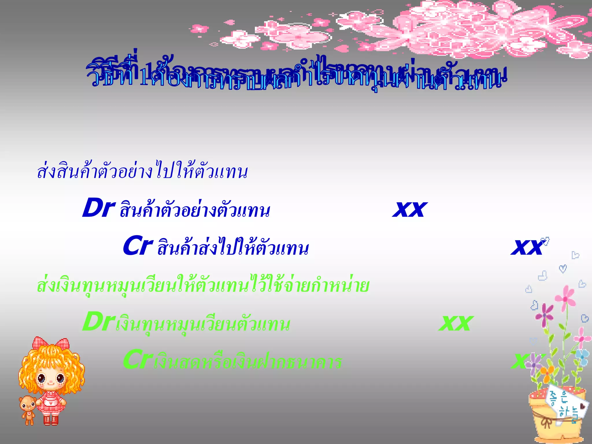 ส่ งสิ นค้ าตัวอย่ างไปให้ ตัวแทน
        Dr สินค้ าตัวอย่ างตัวแทน                  xx
               Cr สินค้ าส่ งไปให้ ตัวแทน                  xx
ส่ งเงินทุนหมุนเวียนให้ ตัวแทนไว้ ใช้ จ่ายกาหน่ าย
        Dr เงินทุนหมุนเวียนตัวแทน                     xx
               Cr เงินสดหรื อเงินฝากธนาคาร                 xx
 