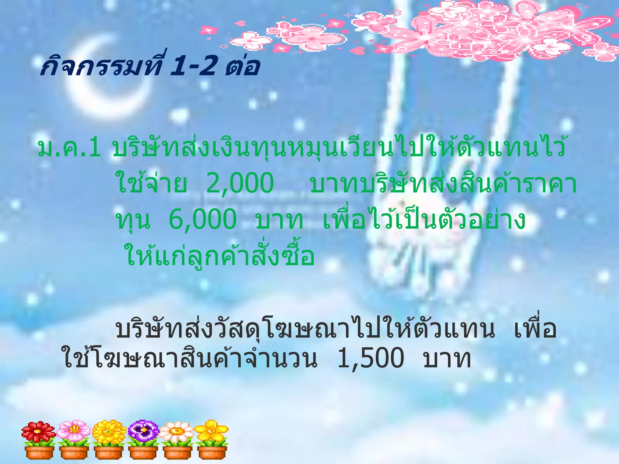 กิจกรรมที่ 1-2 ต่อ

               ่
ม.ค.1 บริษัทสงเงินทุนหมุนเวียนไปให ้ตัวแทนไว ้
         ้                        ่ ิ
      ใชจ่าย 2,000 บาทบริษัทสงสนค ้าราคา
      ทุน 6,000 บาท เพือไว ้เป็ นตัวอย่าง
                           ่
                     ั่ ื้
       ให ้แก่ลกค ้าสงซอ
                 ู

              ่
     บริษัทสงวัสดุโฆษณาไปให ้ตัวแทน เพือ
                                       ่
   ้        ิ
 ใชโฆษณาสนค ้าจานวน 1,500 บาท
 