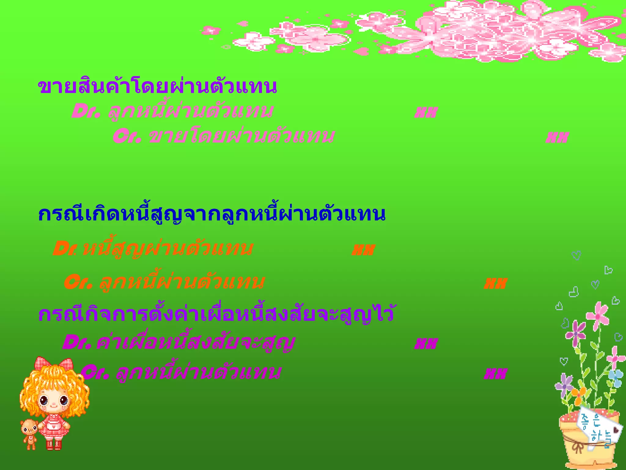 ิ
ขายสนค้าโดยผ่านต ัวแทน
            ้ ่
  Dr. ลูกหนีผานต ัวแทน              xx
      Cr. ขายโดยผ่านต ัวแทน                   xx


           ้ ู        ้ ่
กรณีเกิดหนีสญจากลูกหนีผานต ัวแทน
        ้ ู
 Dr. หนีสญผ่านต ัวแทน         xx
            ้ ่
  Cr. ลูกหนีผานต ัวแทน                   xx
     ิ    ั้     ่   ้  ั
กรณีกจการตงค่าเผือหนีสงสยจะสูญไว้
                ้  ั
  Dr. ค่าเผือหนีสงสยจะสูญ
            ่                       xx
              ้ ่
   Cr. ลูกหนีผานต ัวแทน                  xx
 