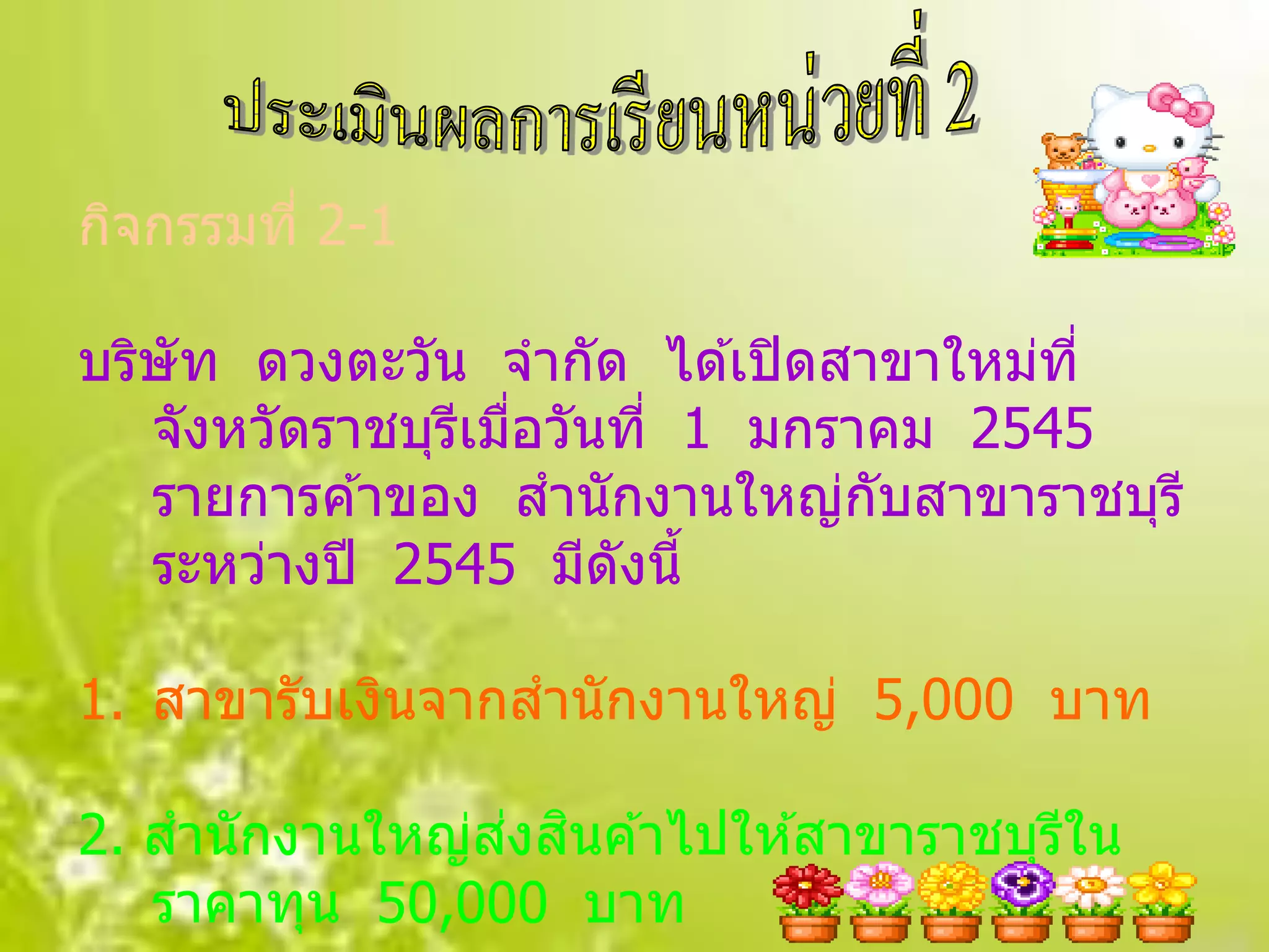 กิจกรรมที่ 2-1

บริษัท ดวงตะวัน จากัด ได ้เปิ ดสาขาใหม่ที่
   จังหวัดราชบุรเมือวันที่ 1 มกราคม 2545
                ี ่
   รายการค ้าของ สานักงานใหญ่กบสาขาราชบุรี
                                 ั
   ระหว่างปี 2545 มีดังนี้

1. สาขารับเงินจากสานักงานใหญ่ 5,000 บาท

                ่ ิ
2. สานักงานใหญ่สงสนค ้าไปให ้สาขาราชบุรใน
                                       ี
   ราคาทุน 50,000 บาท
 