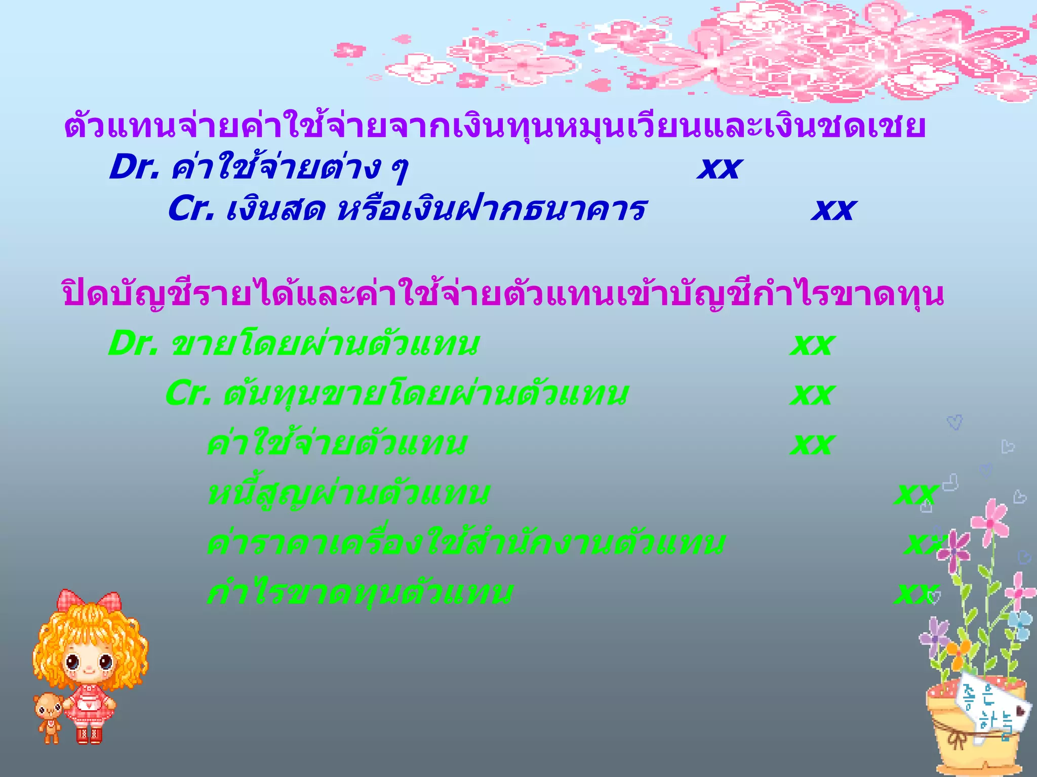 ้ ่
ต ัวแทนจ่ายค่าใชจายจากเงินทุนหมุนเวียนและเงินชดเชย
             ้ ่
  Dr. ค่าใชจายต่าง ๆ                 xx
      Cr. เงินสด หรือเงินฝากธนาคาร          xx

         ี             ้ ่                ี
ปิ ดบ ัญชรายได้และค่าใชจายต ัวแทนเข้าบ ัญชกาไรขาดทุน
  Dr. ขายโดยผ่านต ัวแทน                   xx
     Cr. ต้นทุนขายโดยผ่านต ัวแทน          xx
                ้ ่
        ค่าใชจายต ัวแทน                   xx
            ้ ู
        หนีสญผ่านต ัวแทน                         xx
                    ่   ้
        ค่าราคาเครืองใชสาน ักงานต ัวแทน          xx
        กาไรขาดทุนต ัวแทน                        xx
 