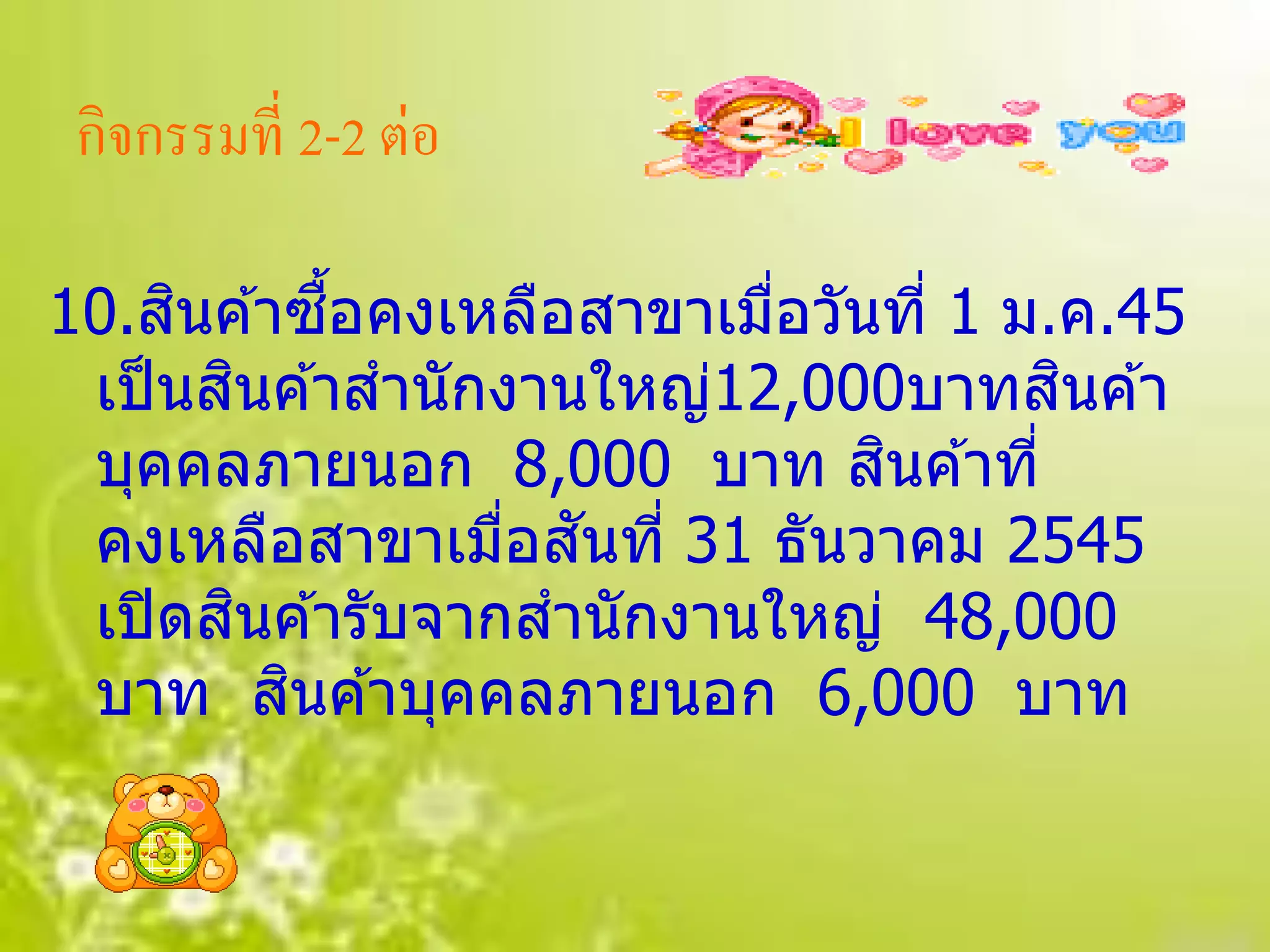 กิจกรรมที่ 2-2 ต่อ

      ิ       ื้
10.สนค ้าซอคงเหลือสาขาเมือวันที่ 1 ม.ค.45
                           ่
        ิ                            ิ
 เป็ นสนค ้าสานักงานใหญ่12,000บาทสนค ้า
                              ิ
 บุคคลภายนอก 8,000 บาท สนค ้าที่
                  ่ ั
 คงเหลือสาขาเมือสนที่ 31 ธันวาคม 2545
          ิ
 เปิ ดสนค ้ารับจากสานักงานใหญ่ 48,000
            ิ
 บาท สนค ้าบุคคลภายนอก 6,000 บาท
 