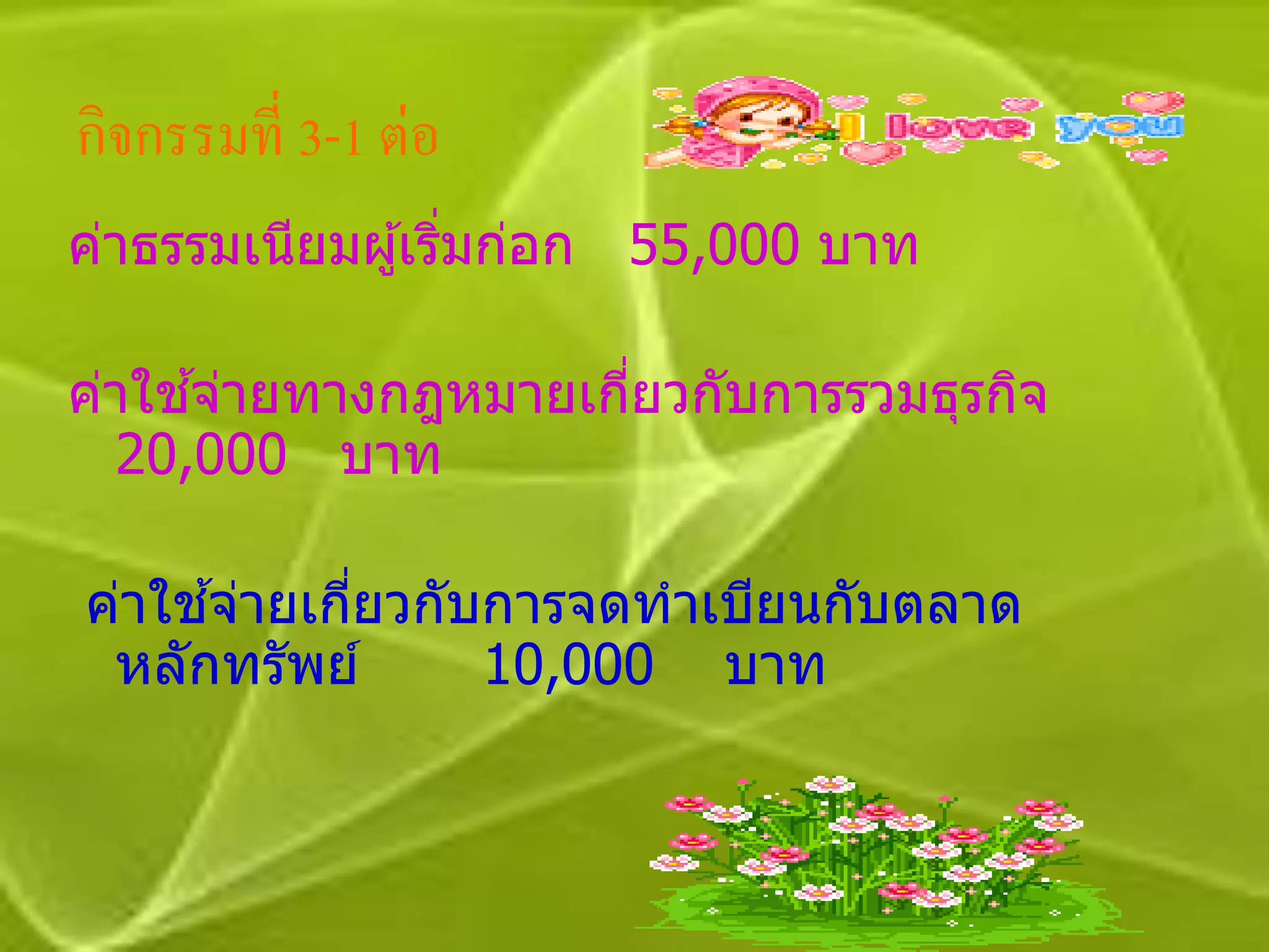 กิจกรรมที่ 3-1 ต่อ
ค่าธรรมเนียมผู ้เริมก่อก 55,000 บาท
                   ่

     ้
ค่าใชจ่ายทางกฎหมายเกียวกับการรวมธุรกิจ
                     ่
  20,000 บาท

     ้
ค่าใชจ่ายเกียวกับการจดทาเบียนกับตลาด
            ่
 หลักทรัพย์      10,000 บาท
 