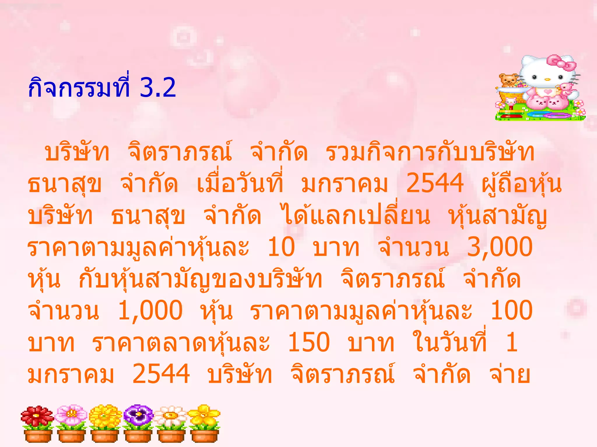 กิจกรรมที่ 3.2

 บริษัท จิตราภรณ์ จากัด รวมกิจการกับบริษัท
ธนาสุข จากัด เมือวันที่ มกราคม 2544 ผู ้ถือหุ ้น
                    ่
บริษัท ธนาสุข จากัด ได ้แลกเปลียน หุ ้นสามัญ
                                  ่
ราคาตามมูลค่าหุ ้นละ 10 บาท จานวน 3,000
หุ ้น กับหุ ้นสามัญของบริษัท จิตราภรณ์ จากัด
จานวน 1,000 หุ ้น ราคาตามมูลค่าหุ ้นละ 100
บาท ราคาตลาดหุ ้นละ 150 บาท ในวันที่ 1
มกราคม 2544 บริษัท จิตราภรณ์ จากัด จ่าย
 