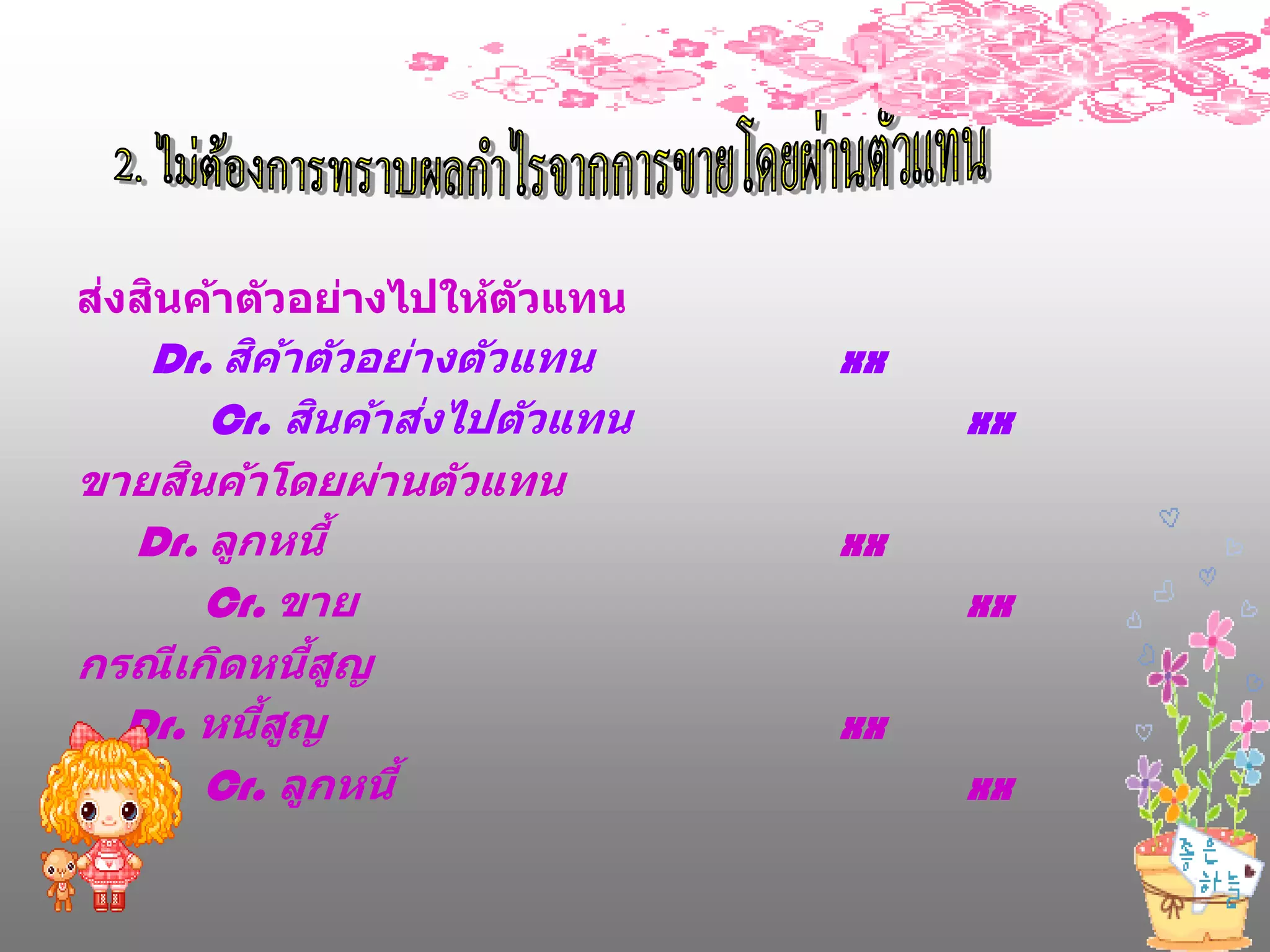 ่ ิ
สงสนค้าต ัวอย่างไปให้ต ัวแทน
         ิ ้
   Dr. สคาต ัวอย่างต ัวแทน     xx
               ิ   ่
       Cr. สนค้าสงไปต ัวแทน         xx
     ิ
ขายสนค้าโดยผ่านต ัวแทน
  Dr. ลูกหนี้                  xx
       Cr. ขาย                      xx
กรณีเกิดหนีสญ ้ ู
          ้ ู
  Dr. หนีสญ                    xx
       Cr. ลูกหนี้                  xx
 