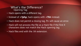 • Hack opens with a different tag.
• Instead of <?php, hack opens with <?hh instead.
• Hack does not permit a closing tag. ?> will cause an error.
• Hack will not process the file as a Hack file if the first 4
characters does not match the Hack opening tag.
• Hack files end with the .hh extension.
What’s the Difference?
Opening Tag
 