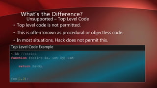 • Top level code is not permitted.
• This is often known as procedural or objectless code.
• In most situations, Hack does not permit this.
What’s the Difference?
Unsupported – Top Level Code
<?hh //strict
function foo(int $x, int $y):int
{
return $x+$y;
}
foo(1,3);
Top Level Code Example
 