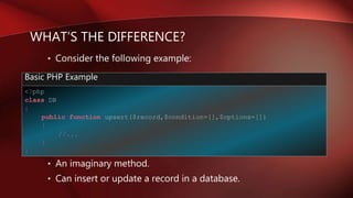 WHAT’S THE DIFFERENCE?
<?php
class DB
{
public function upsert($record,$condition=[],$options=[])
{
//...
}
}
Basic PHP Example
• Consider the following example:
• An imaginary method.
• Can insert or update a record in a database.
 