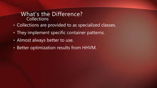 • Collections are provided to as specialized classes.
• They implement specific container patterns.
• Almost always better to use.
• Better optimization results from HHVM.
Collections
What’s the Difference?
 