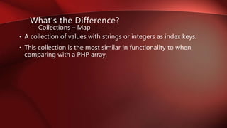 • A collection of values with strings or integers as index keys.
• This collection is the most similar in functionality to when
comparing with a PHP array.
Collections – Map
What’s the Difference?
 