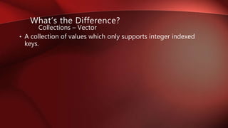 • A collection of values which only supports integer indexed
keys.
Collections – Vector
What’s the Difference?
 