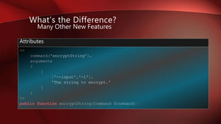Many Other New Features
What’s the Difference?
<<
command('encryptString'),
arguments
(
[
['--input','-i'],
'The string to encrypt.'
]
)
>>
public function encryptString(Command $command){}
Attributes
 