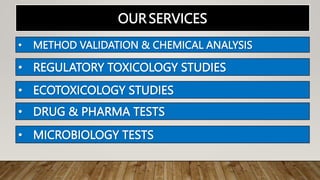OURSERVICES
• REGULATORY TOXICOLOGY STUDIES
• ECOTOXICOLOGY STUDIES
• DRUG & PHARMA TESTS
• METHOD VALIDATION & CHEMICAL ANALYSIS
• MICROBIOLOGY TESTS
 