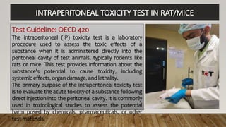 INTRAPERITONEAL TOXICITY TEST IN RAT/MICE
Test Guideline: OECD 420
The intraperitoneal (IP) toxicity test is a laboratory
procedure used to assess the toxic effects of a
substance when it is administered directly into the
peritoneal cavity of test animals, typically rodents like
rats or mice. This test provides information about the
substance's potential to cause toxicity, including
systemic effects, organ damage, and lethality.
The primary purpose of the intraperitoneal toxicity test
is to evaluate the acute toxicity of a substance following
direct injection into the peritoneal cavity. It is commonly
used in toxicological studies to assess the potential
harm posed by chemicals, pharmaceuticals, or other
test materials.
 