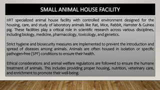SMALL ANIMAL HOUSE FACILITY
IIRT specialized animal house facility with controlled environment designed for the
housing, care, and study of laboratory animals like Rat, Mice, Rabbit, Hamster & Guinea
pig. These facilities play a critical role in scientific research across various disciplines,
including biology, medicine, pharmacology, toxicology, and genetics.
Strict hygiene and biosecurity measures are implemented to prevent the introduction and
spread of diseases among animals. Animals are often housed in isolation or specific
pathogen-free (SPF) conditions to ensure their health.
Ethical considerations and animal welfare regulations are followed to ensure the humane
treatment of animals. This includes providing proper housing, nutrition, veterinary care,
and enrichment to promote their well-being.
 