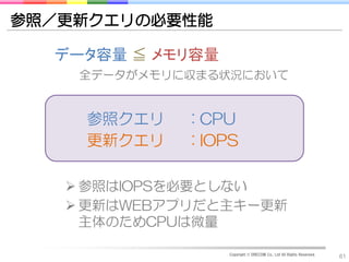 参照／更新クエリの必要性能

  データ容量 ≦ メモリ容量
    全データがメモリに収まる状況において


    参照クエリ    : CPU
    更新クエリ    : IOPS

    参照はIOPSを必要としない
    更新はWEBアプリだと主キー更新
     主体のためCPUは微量

                  Copyright © DRECOM Co., Ltd All Rights Reserved.
                                                                     61
 
