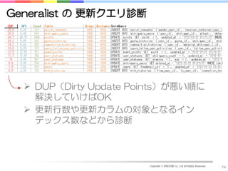 Generalist の 更新クエリ診断




   DUP（Dirty Update Points）が悪い順に
    解決していけばOK
   更新行数や更新カラムの対象となるイン
    デックス数などから診断



                       Copyright © DRECOM Co., Ltd All Rights Reserved.
                                                                          74
 