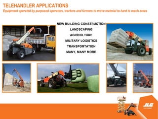 TELEHANDLER APPLICATIONS
Equipment operated by purposed operators, workers and farmers to move material to hard to reach areas


                                     NEW BUILDING CONSTRUCTION
                                               LANDSCAPING
                                               AGRICULTURE
                                           MILITARY LOGISTICS
                                            TRANSPORTATION
                                            MANY, MANY MORE
 