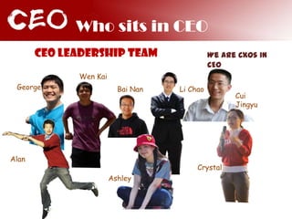 Who sits in CEOCEO leadership teamWe are CXOs in CEO Wen KaiGeorgeBai NanLi ChaoCui JingyuAlanCrystalAshley
