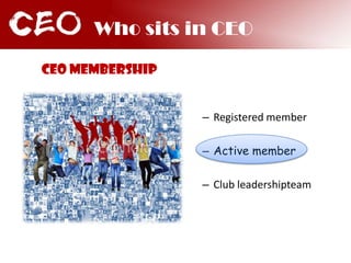 Napa Outing, Beijing visit Winter and SummerWho sits in CEO?Encompassing almost everyone interested in entrepreneurship in China at StanfordUndergrads, EngineerSchool, B-school, etc.StudentsEntrepreneurs, engineers and investors
