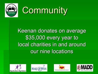 Community Keenan donates on average $35,000 every year to local charities in and around our nine locations 