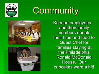 Community Keenan employees and their family members donate their time and food to Guest Chef for families staying at the Philadelphia Ronald McDonald House.  Our cupcakes were a hit! 