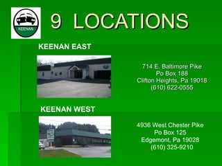 9  LOCATIONS 714 E. Baltimore Pike Po Box 188 Clifton Heights, Pa 19018 (610) 622-0555 KEENAN EAST KEENAN WEST 4936 West Chester Pike Po Box 125 Edgemont, Pa 19028 (610) 325-9210 