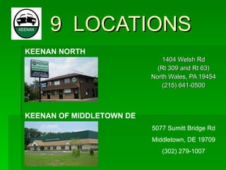9  LOCATIONS 1404 Welsh Rd (Rt 309 and Rt 63) North Wales, PA 19454 (215) 641-0500 KEENAN NORTH KEENAN OF MIDDLETOWN DE 5077 Sumitt Bridge Rd Middletown, DE 19709 (302) 279-1007 
