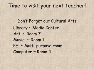 Time to visit your next teacher!Don’t Forget our Cultural ArtsLibrary ~ Media CenterArt  ~ Room 7Music  ~ Room 1PE  ~ Multi-purpose roomComputer ~ Room 4