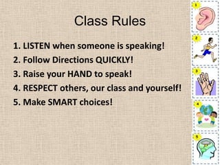 Class Rules 1. LISTEN when someone is speaking!2. Follow Directions QUICKLY!3. Raise your HAND to speak!4. RESPECT others, our class and yourself!5. Make SMART choices!