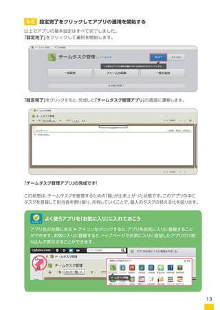 以上でアプリの基本設定はすべて完了しました。
「設定完了」をクリックして運用を開始します。
「チームタスク管理アプリ」の完成です！
この状態は、チームタスクを管理するための「箱」が出来上がった状態です。このアプリの中に
タスクを登録して担当者を割り振り、共有していくことで、個人のタスクの見える化を図ります。
「設定完了」をクリックすると、ポータル画面に遷移し、アプリ欄に「チームタスク管理」が追加
されます。
6-5 設定完了をクリックしてアプリの運用を開始する
アプリ名の左側にある　 アイコンをクリックすると、アプリをお気に入りに登録すること
ができます。お気に入りに登録すると、トップページでお気に入りに追加したアプリだけ絞
り込んで表示することができます。
よく使うアプリを「お気に入り」に入れておこうワンポイント
13
 