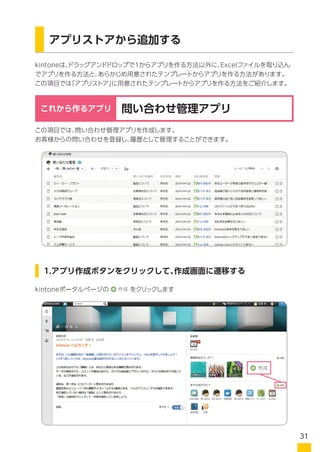 kintoneは、ドラッグアンドドロップで1からアプリを作る方法以外に、Excelファイルを取り込ん
でアプリを作る方法と、あらかじめ用意されたテンプレートからアプリを作る方法があります。
この項目では「アプリストア」に用意されたテンプレートからアプリを作る方法をご紹介します。
アプリストアから追加する
この項目では、問い合わせ管理アプリを作成します。
お客様からの問い合わせを登録し、履歴として管理することができます。
問い合わせ管理アプリこれから作るアプリ
1.アプリ作成ボタンをクリックして、作成画面に遷移する
kintoneポータルページの をクリックします
31
 