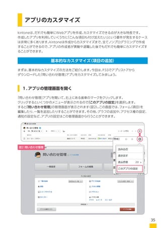 kintoneは、だれでも簡単にWebアプリを作成、カスタマイズできる点が大きな特長です。
作成したアプリを利用していくうちに「こんな項目も付け加えたい」という要件が発生するケース
は非常に多くあります。kintoneは作成からカスタマイズまで、全てノンプログラミングで作成
することができるので、アプリの作成者が異動や退職した後でもだれでも簡単にカスタマイズす
ることができます。
まずは、基本的なカスタマイズの方法をご紹介します。今回は、P33でアプリストアから
ダウンロードした「問い合わせ管理」アプリをカスタマイズしてみましょう。
アプリのカスタマイズ
「問い合わせ管理」アプリを開いて、右上にある・・・マークをクリックします。（下図 赤丸枠参照）
クリックするといくつかのメニューが表示されるので「アプリの設定を変更」を選択します。
すると「問い合わせ管理」の管理画面が表示されます（図2）。この画面では、フォーム（項目）を
編集したり、一覧を追加したりすることができます。その他、グラフの追加や、アクセス権の設定、
通知の設定など、アプリの設定はこの管理画面から行うことができます。
１．アプリの管理画面を開く
基本的なカスタマイズ（項目の追加）
図2：問い合わせ管理
35
 