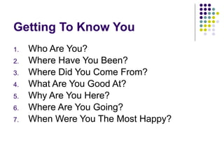 Getting To Know You  Who Are You? Where Have You Been? Where Did You Come From? What Are You Good At? Why Are You Here? Where Are You Going? When Were You The Most Happy? 