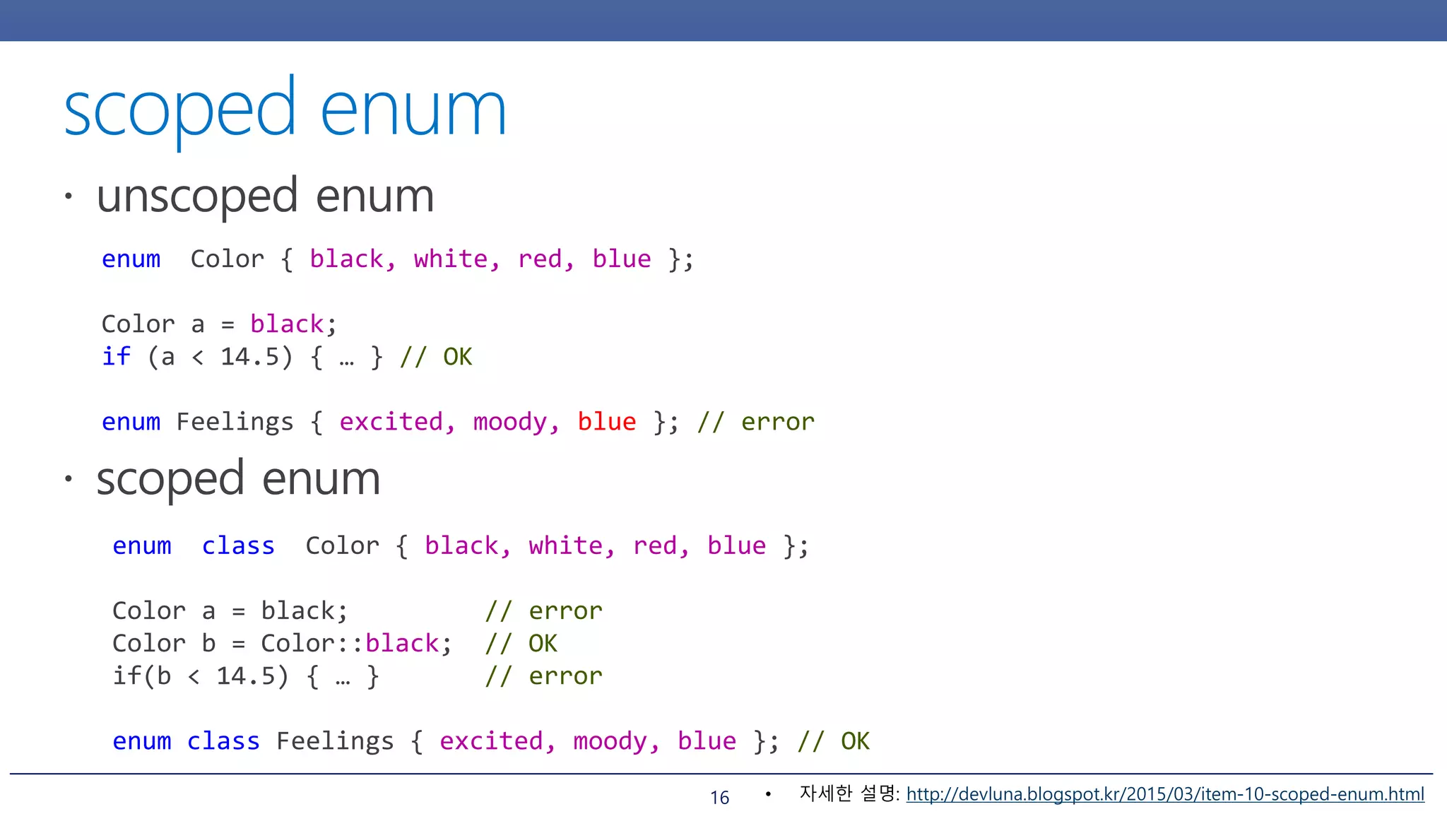 16
enum Color { black, white, red, blue };
Color a = black;
if (a < 14.5) { … } // OK
enum Feelings { excited, moody, blue }; // error
enum class Color { black, white, red, blue };
Color a = black; // error
Color b = Color::black; // OK
if(b < 14.5) { … } // error
enum class Feelings { excited, moody, blue }; // OK
• 자세한 설명: http://devluna.blogspot.kr/2015/03/item-10-scoped-enum.html
 