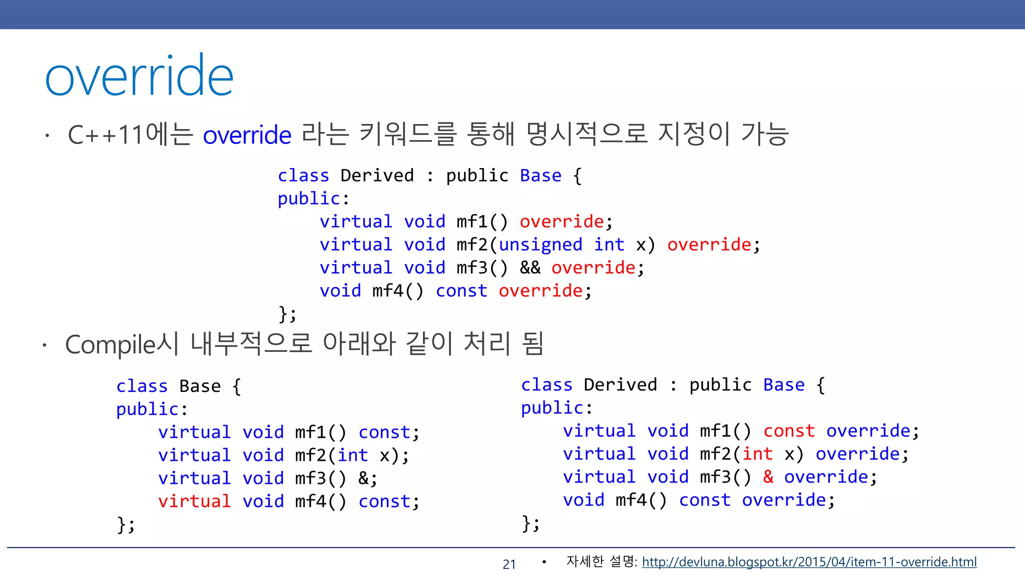 21
class Base {
public:
virtual void mf1() const;
virtual void mf2(int x);
virtual void mf3() &;
virtual void mf4() const;
};
class Derived : public Base {
public:
virtual void mf1() override;
virtual void mf2(unsigned int x) override;
virtual void mf3() && override;
void mf4() const override;
};
class Derived : public Base {
public:
virtual void mf1() const override;
virtual void mf2(int x) override;
virtual void mf3() & override;
void mf4() const override;
};
• 자세한 설명: http://devluna.blogspot.kr/2015/04/item-11-override.html
 