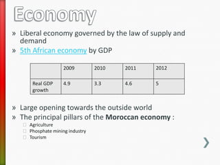 » Liberal economy governed by the law of supply and
  demand
» 5th African economy by GDP

                    2009         2010   2011   2012

       Real GDP     4.9          3.3    4.6    5
       growth


» Large opening towards the outside world
» The principal pillars of the Moroccan economy :
   ˃ Agriculture
   ˃ Phosphate mining industry
   ˃ Tourism
 