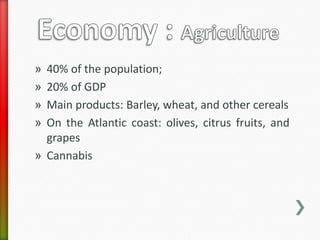 » 40% of the population;
» 20% of GDP
» Main products: Barley, wheat, and other cereals
» On the Atlantic coast: olives, citrus fruits, and
  grapes
» Cannabis
 