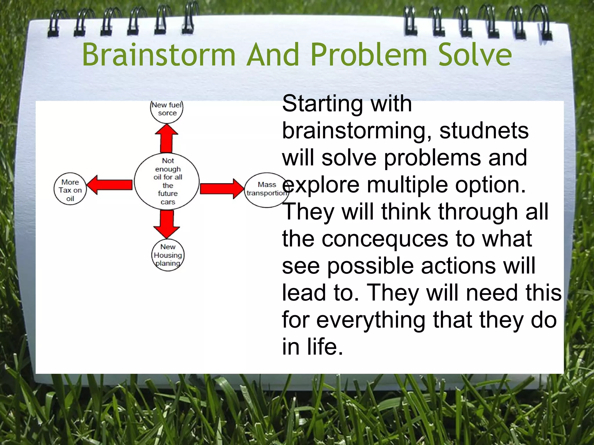 Brainstorm And Problem Solve Starting with brainstorming, studnets will solve problems and explore multiple option. They will think through all the concequces to what see possible actions will lead to. They will need this for everything that they do in life.    
