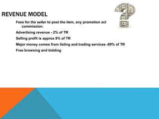 REVENUE MODEL
Fees for the seller to post the item, any promotion activities and final sale
commission.
Advertising revenue - 2% of TR
Selling profit is approx 9% of TR
Major money comes from listing and trading services -89% of TR
Free browsing and bidding
 