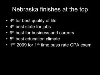 Nebraska finishes at the top <ul><li>4 th  for best quality of life </li></ul><ul><li>4 th  best state for jobs </li></ul>...