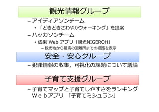 観光情報グループ
– アイディアソンチーム
 • 「どきどきさわやかウォーキング」を提案
– ハッカソンチーム
 • 成果 Web アプリ「観光NIGEROH」
   – 観光地から最寄の避難所までの経路を表⽰

   安全・安心グループ
– 犯罪情報の収集，可視化の課題について議論

   ⼦育て支援グループ
– ⼦育てマップと⼦育てしやすさをランキング
  Ｗｅｂアプリ 「⼦育てミシュラン」
 