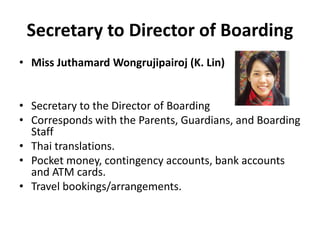 Secretary to Director of Boarding
• Miss Juthamard Wongrujipairoj (K. Lin)
• Secretary to the Director of Boarding
• Corresponds with the Parents, Guardians, and Boarding
Staff
• Thai translations.
• Pocket money, contingency accounts, bank accounts
and ATM cards.
• Travel bookings/arrangements.
 