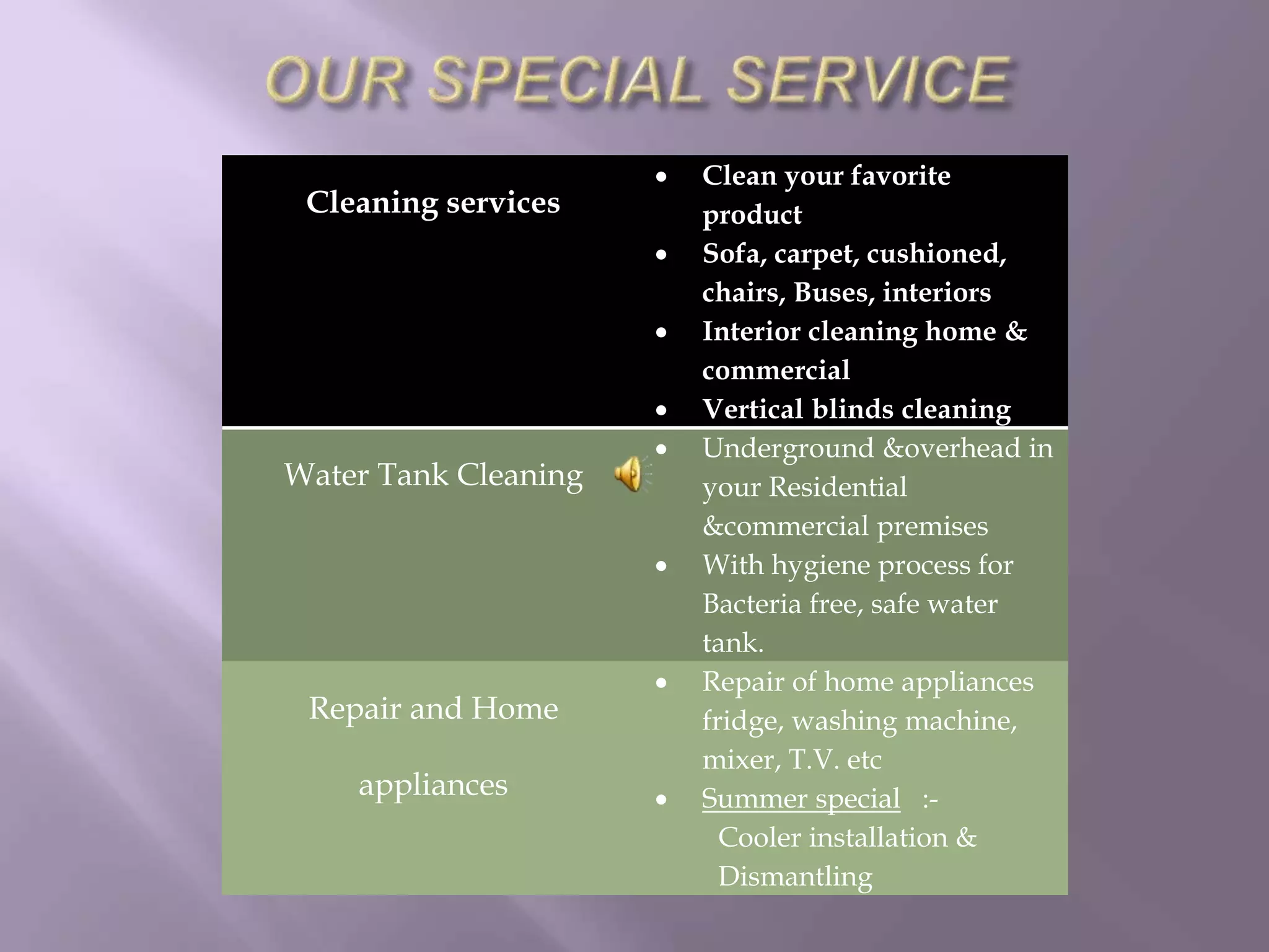 Cleaning services 
 Clean your favorite 
product 
 Sofa, carpet, cushioned, 
chairs, Buses, interiors 
 Interior cleaning home & 
commercial 
 Vertical blinds cleaning 
Water Tank Cleaning 
 Underground &overhead in 
your Residential 
&commercial premises 
 With hygiene process for 
Bacteria free, safe water 
tank. 
Repair and Home 
appliances 
 Repair of home appliances 
fridge, washing machine, 
mixer, T.V. etc 
 Summer special :- 
Cooler installation & 
Dismantling 
 