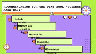 The font size
should be
bigger.
More critical
thinking
Recheck for
spelling
errors
Revisit the
label
diagrams.
RECOMMENDATION FOR THE TEXT BOOK ‘SCIENCE
MADE EASY”
include
experiential
activities
 
