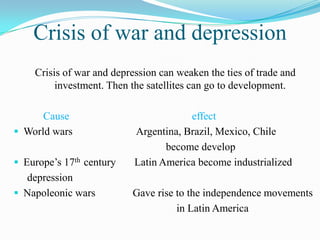 Crisis of war and depression
    Crisis of war and depression can weaken the ties of trade and
         investment. Then the satellites can go to development.

      Cause                            effect
 World wars               Argentina, Brazil, Mexico, Chile
                                  become develop
 Europe’s 17th century    Latin America become industrialized
  depression
 Napoleonic wars         Gave rise to the independence movements
                                    in Latin America
 